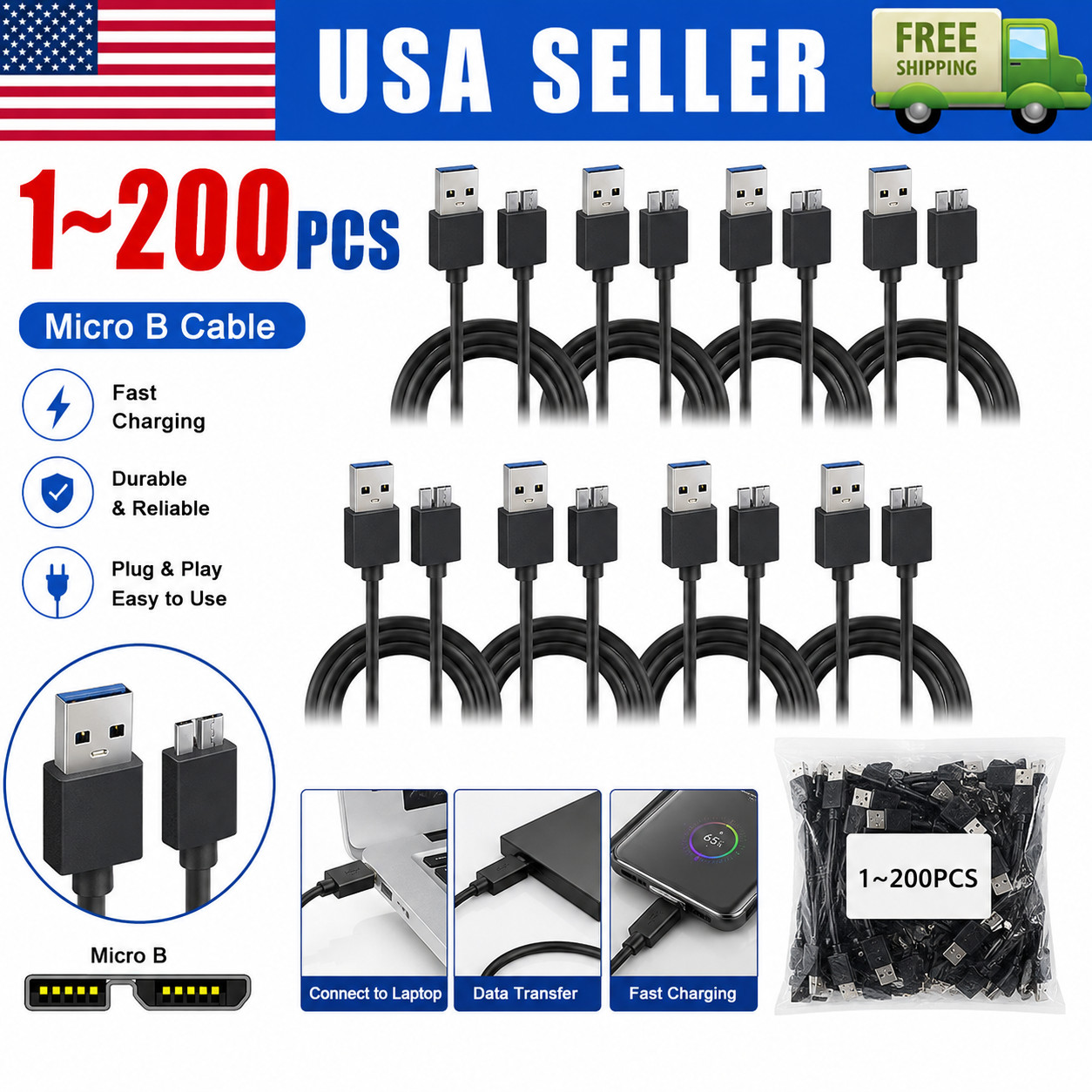 Micro USB 3.0 Cable High Speed Data SYNC For HDD External Hard Drive LOT