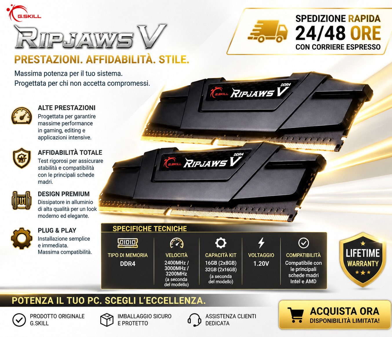 G.SKILL Ripjaws V DDR4 16GB 3200MHz CL16 RAM Gaming PC Kit 2x8GB NEW