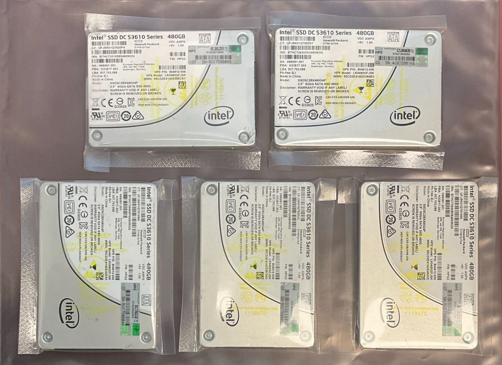 LOT OF 5 Intel DC S3610 480GB Enterprise 2.5" SATA SSD 3.0 DWPD 100% Health