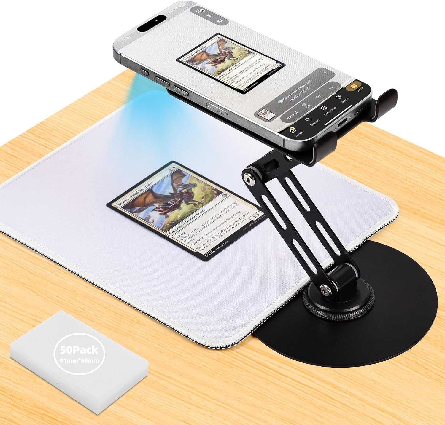 Trading Card Scanner Stand with Magnetic LED Light - Foldable Phone Holder for Q
