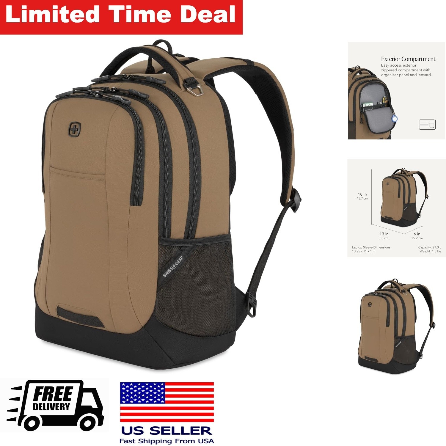 18 Inch Backpack with Padded Sleeve for 16 Inch Laptop in Pastel Brown Black