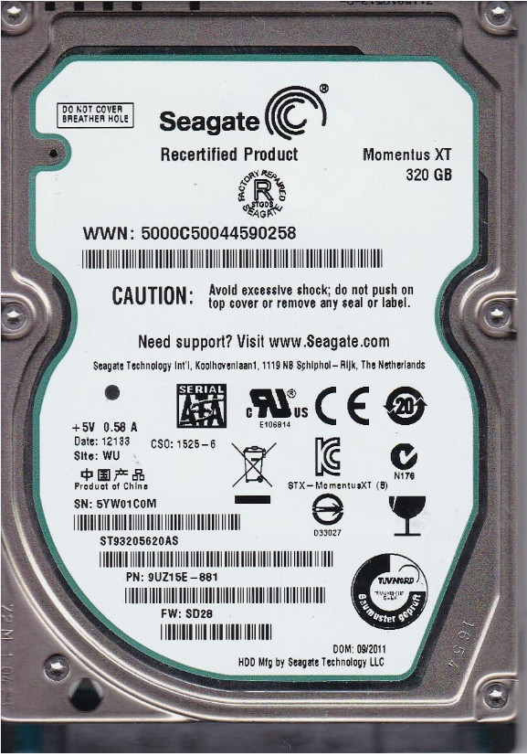 Seagate Momentus XT 320GB 2.5" SATA SSHD Hybrid Laptop Hard Drive ST93205620AS