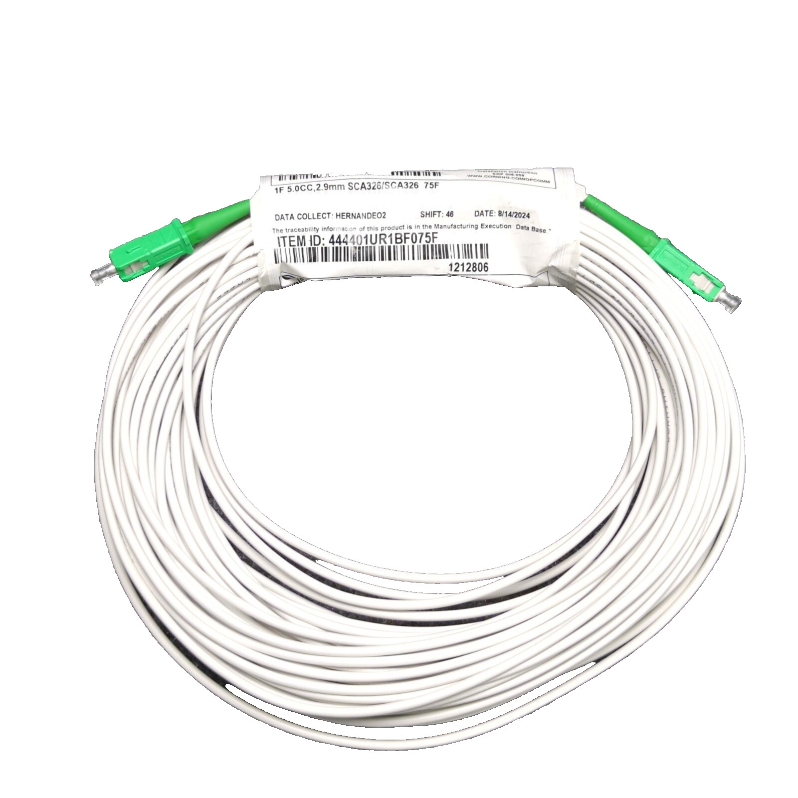 Corning 1F Fiber Optic 75' Cable Jumper SCA326 Patch 1212806 / 444401UR1BF075F