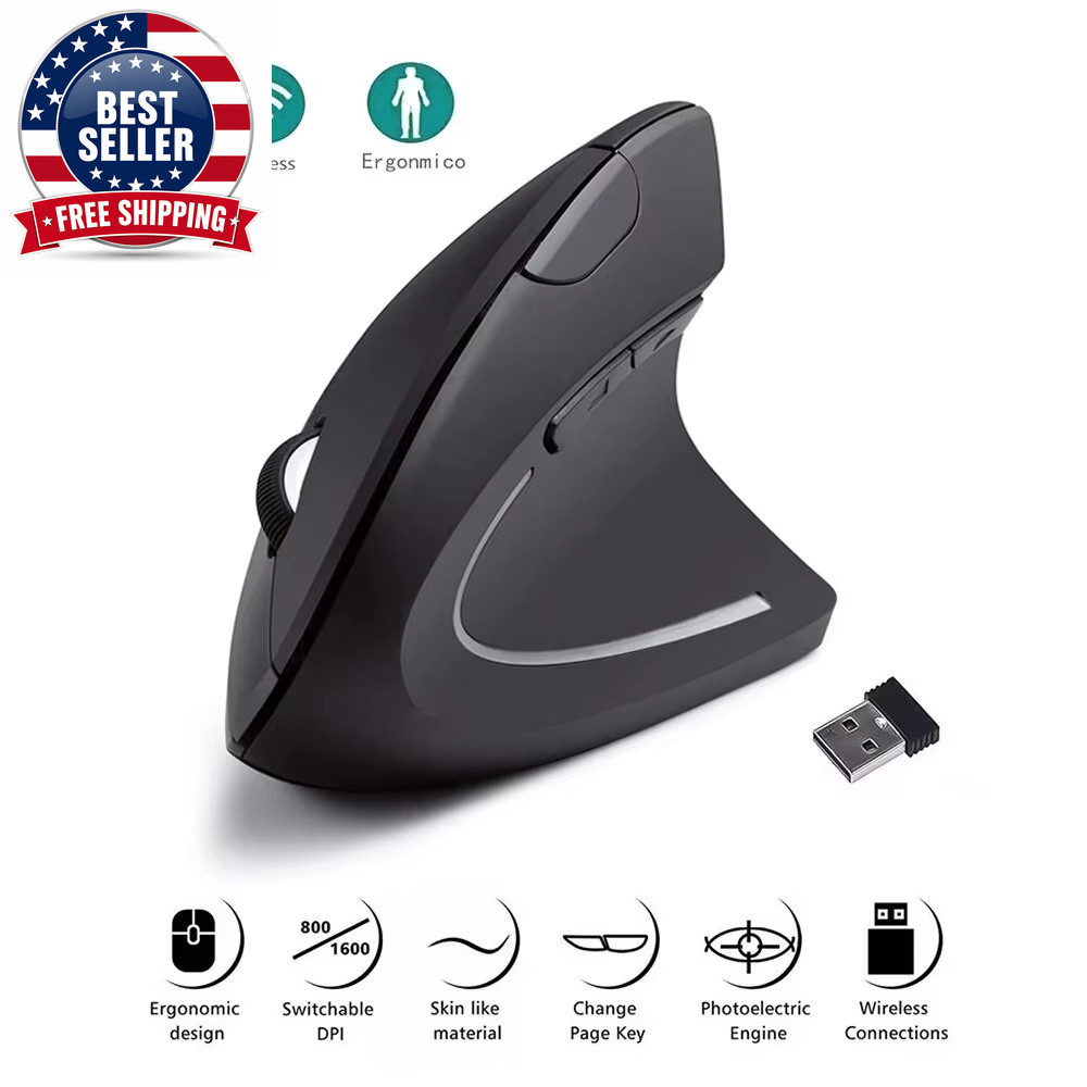 HOMEFISH Vertical Mouse Ergonomic 2.4Ghz Wireless Optical Mice 3 Adjustable DPI