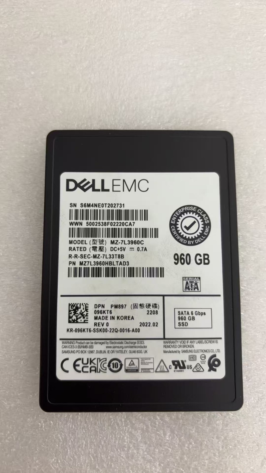 Samsung PM897 MZ-7L3960C MZ7L3960HBLTAD3 Dell 096KT6/96KT6 SSD 960GB SATA 6Gb/s
