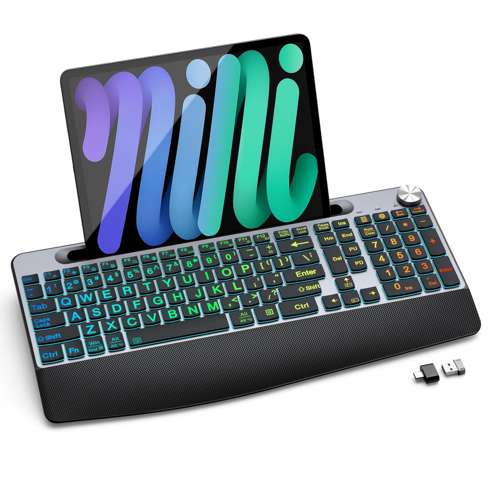 Large Print Backlit Wireless Keyboard With Wrist Rest Phone Holder PC Mac
