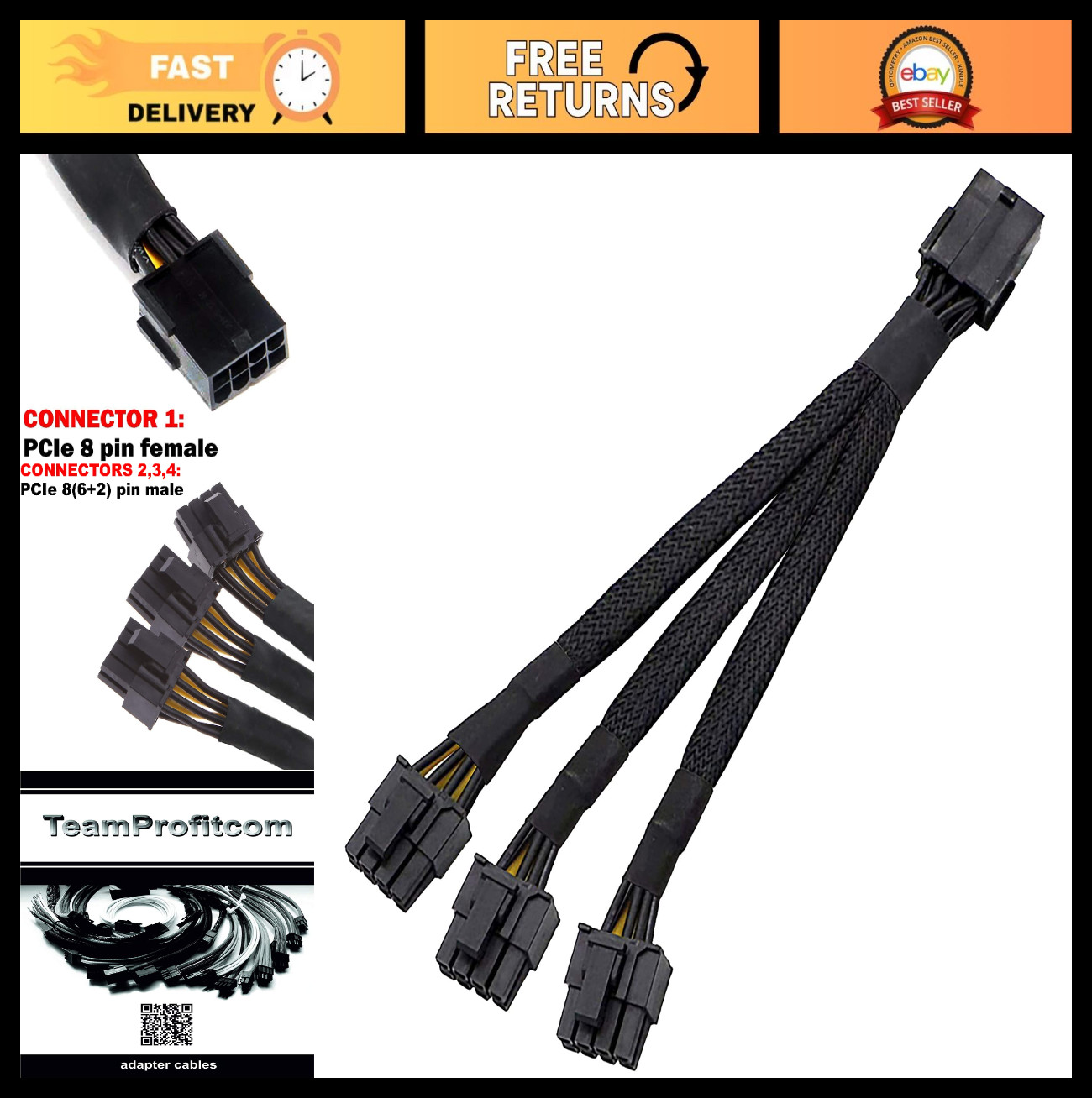16 AWG PCIe 8 Pin Splitter Cable 3X GPU 8(6+2) Pin Male Power Sleeved 12