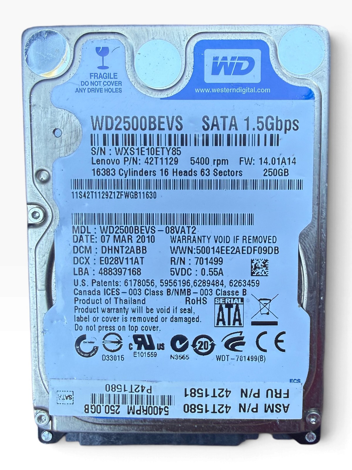 Western Digital 2.5-inch SATA Hard Drive WD2500BEVS-08VAT2 250GB 5400 RPM