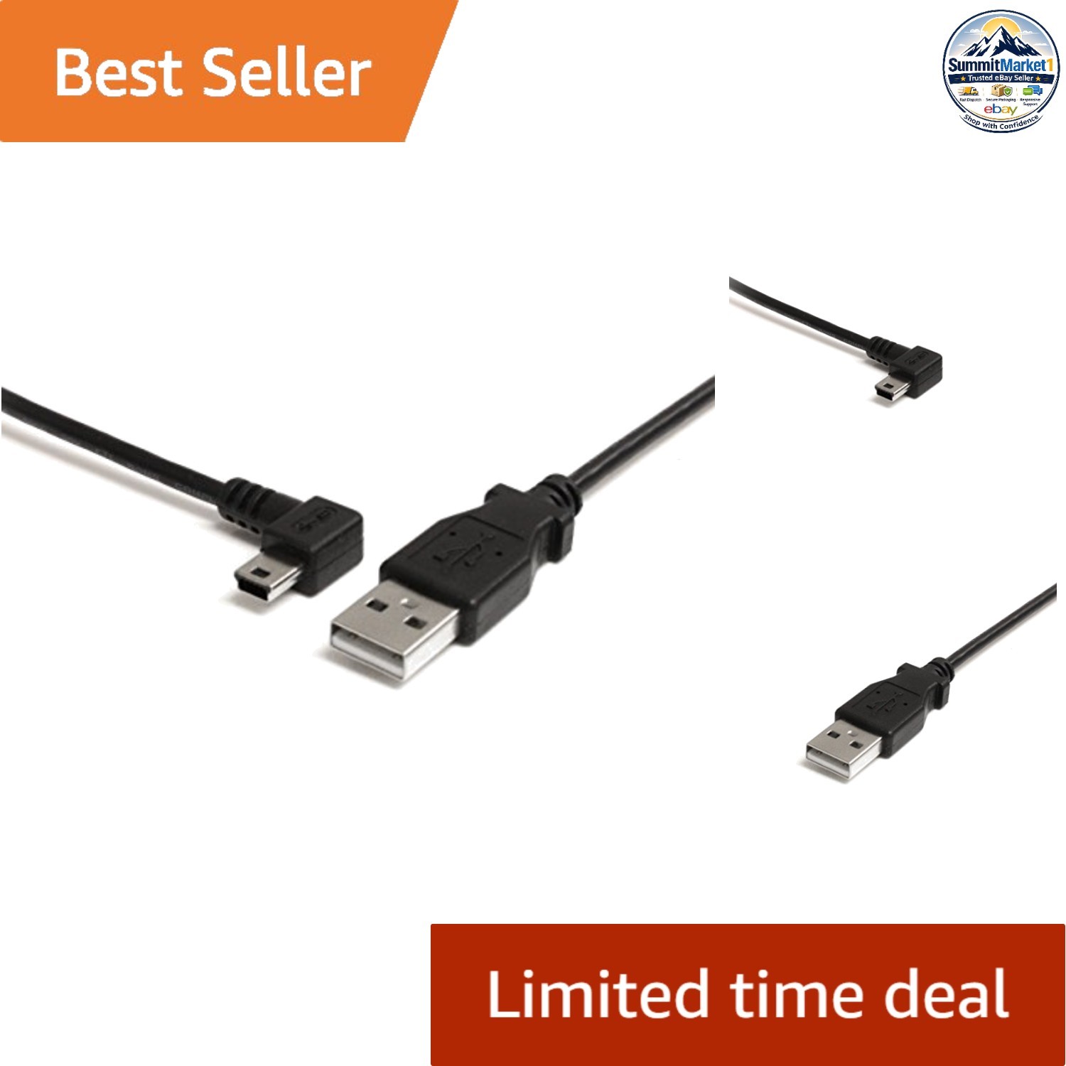 Mini USB Cable 3 ft Left Angle USB 2.0 A to Mini-B Black Charging Data