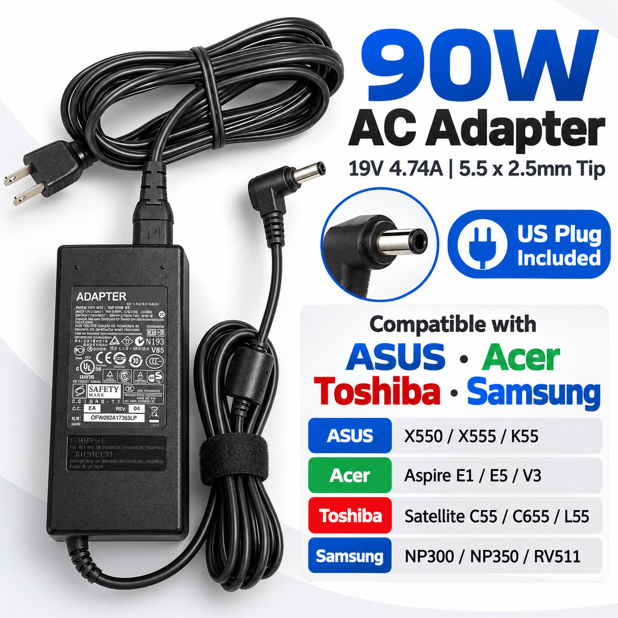 New 90W 19V AC Adapter 5.5x2.5mm for ASUS Fujitsu Intel NUC Laptop Mini PC