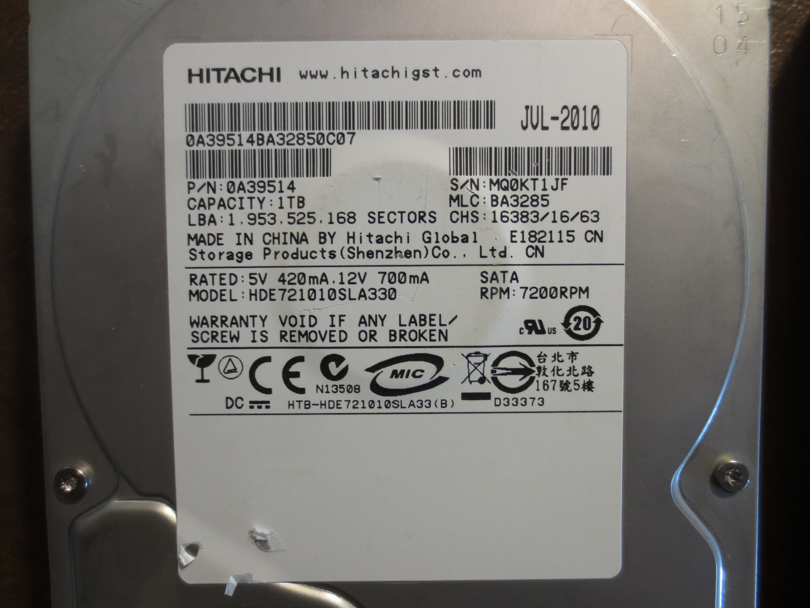 Hitachi HDE721010SLA330 PN:0A39514 MLC:BA3285 1.0TB Sata 3.5" HDD