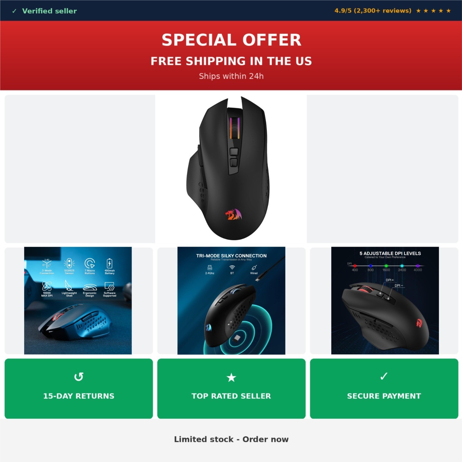 Redragon M656 MAX Wireless RGB Gaming Mouse 10000 DPI Tri-Mode 7 Buttons