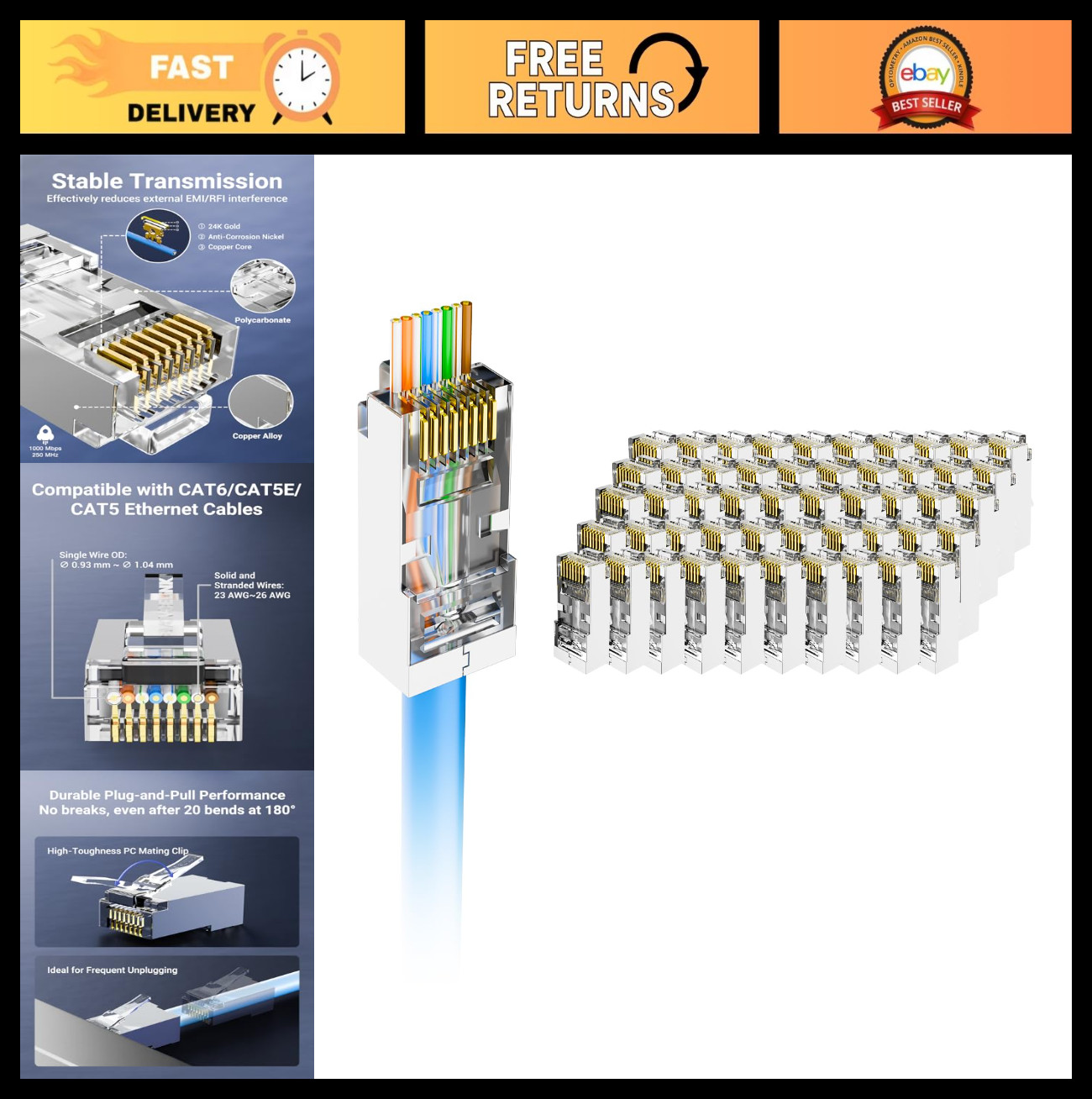 50-Pack Cat6 Shielded RJ45 Pass Through Connectors, Gold Plated Ethernet Plugs f