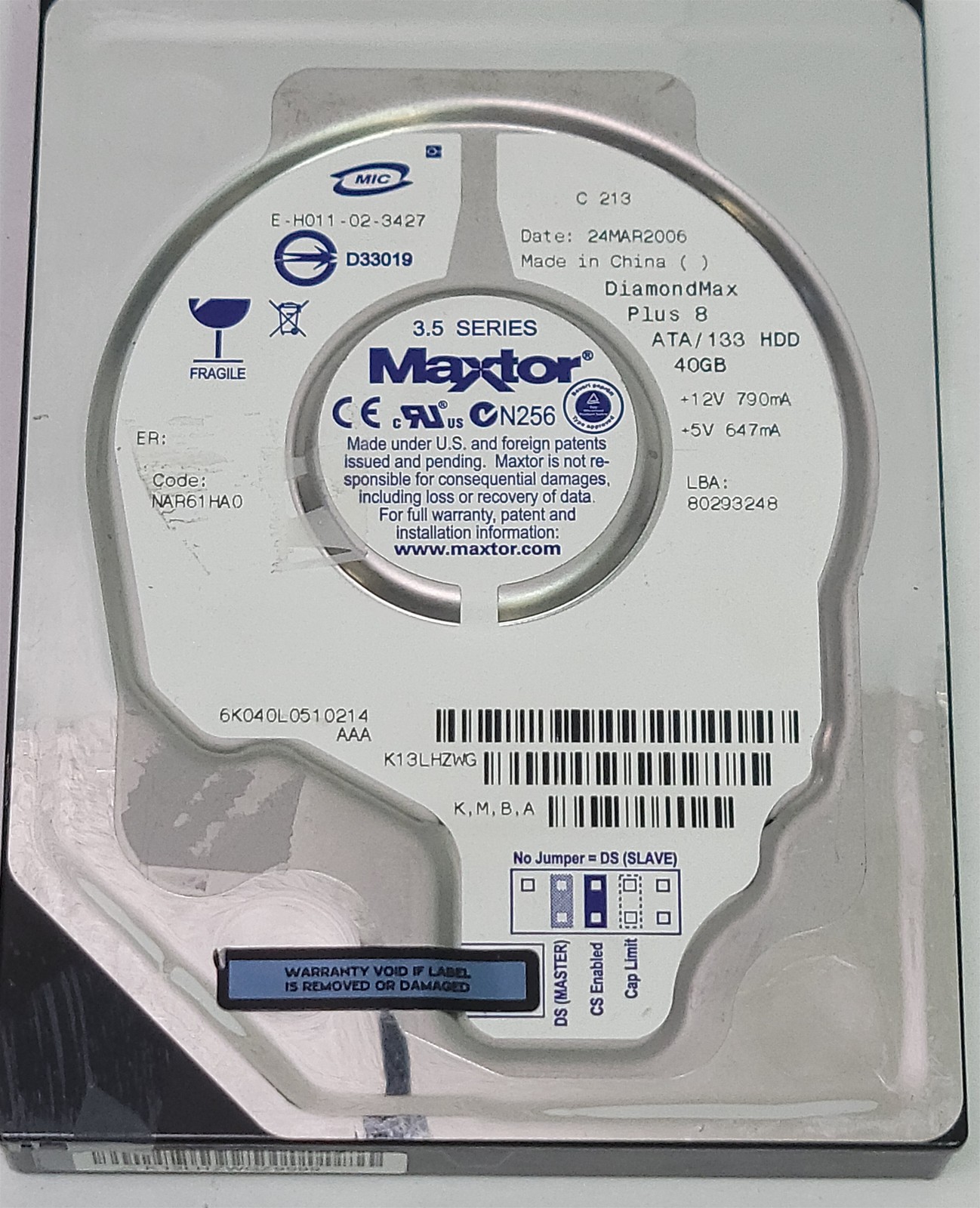 Maxtor 6K040L0 HDD, 40Gb, 3.5" IDE/ATA/ATAPI-7/UDMA/133 - Tested w/pics