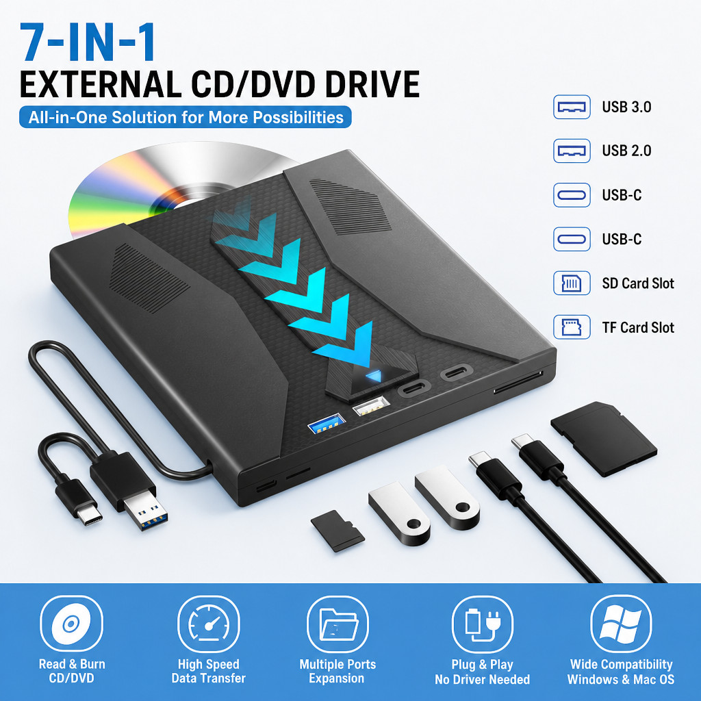 USB 3.0 & USB-C External DVD/CD Burner, Slim Portable Rewriter for PC/Mac/Linux