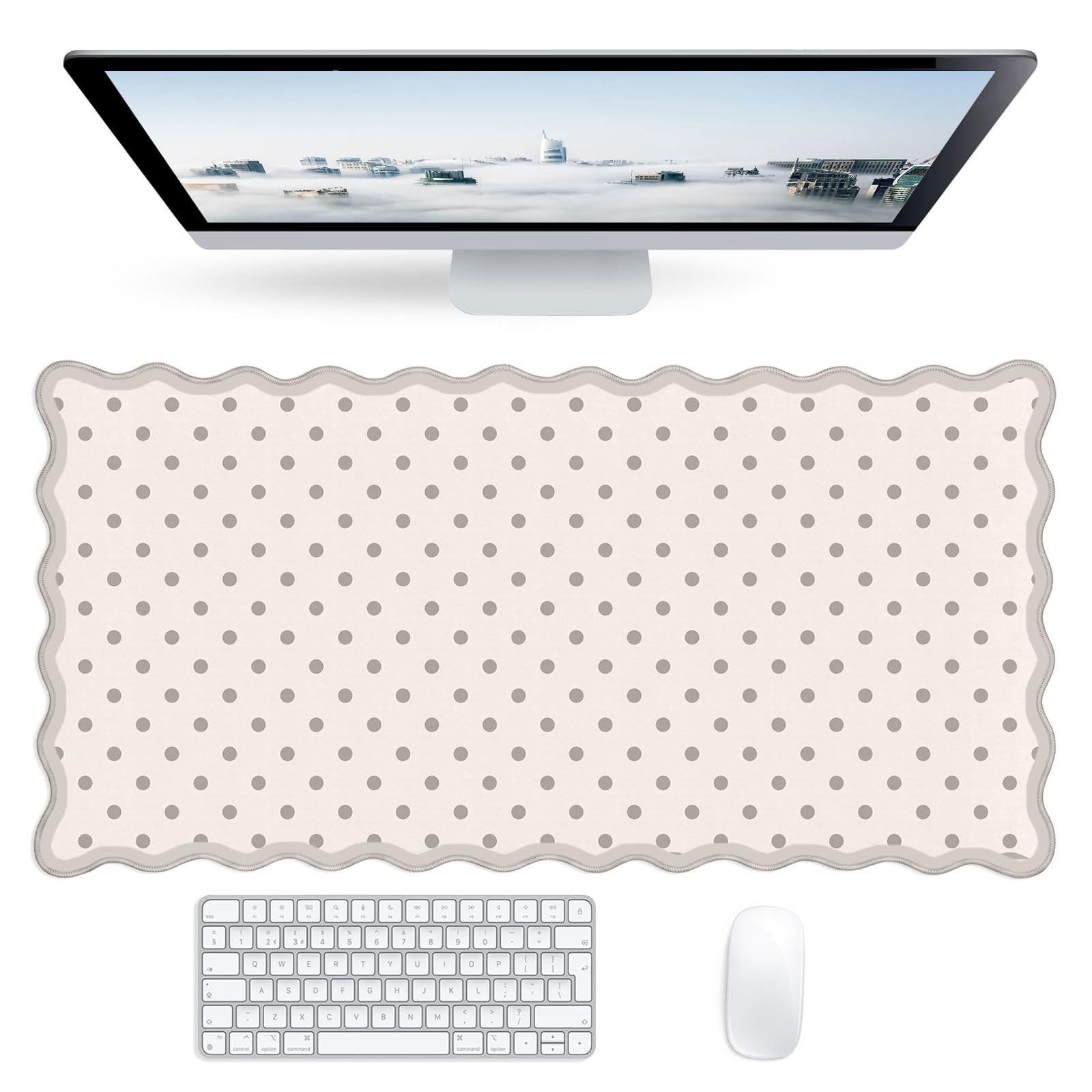 Scalloped Beige Polka Dots Desk Mat,Cute Pastel Large Pad Non-Slip Base,Aesth...
