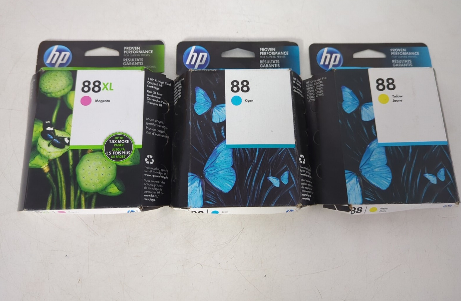 Lot of 3 GENUINE HP  1 88XL MAGENTA EXP. 2019, 2 88 CYAN YELLOW EXP.  2019-2020