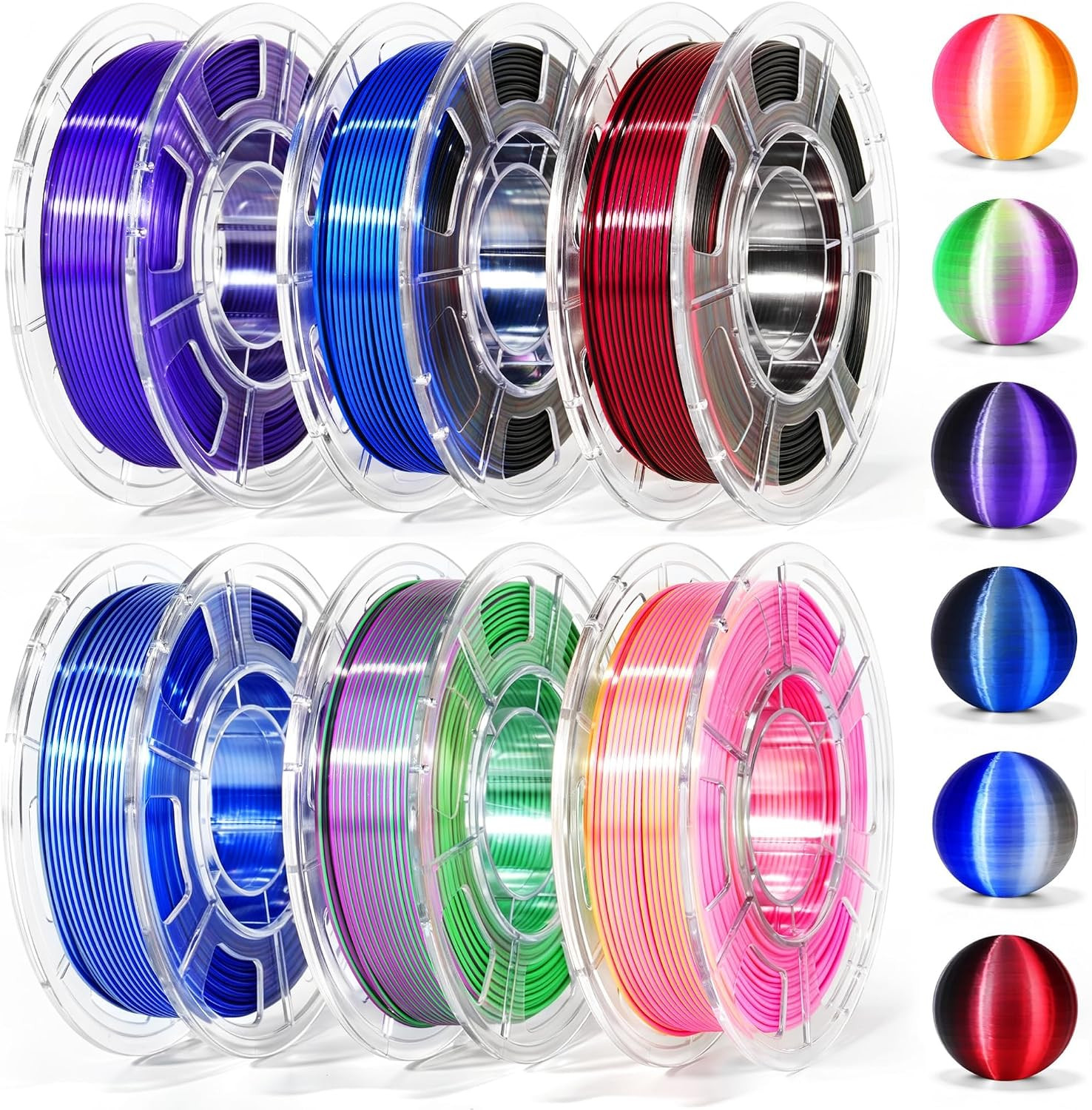 3D Printer Filament Bundle, Silk PLA 6X250G Shiny Dual Color 1.75Mm