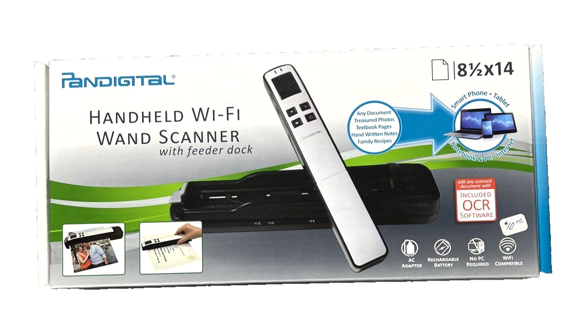 Pandigital Handheld Wi-Fi Wand Scanner S8X1103RD Red with Feeder Dock Sealed Box