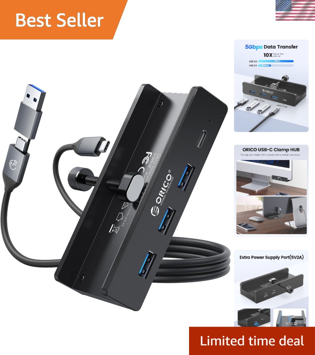 Compact 4-Port USB Hub 3.0 with USB-C, Clamp Design for Secure Workstation Setup