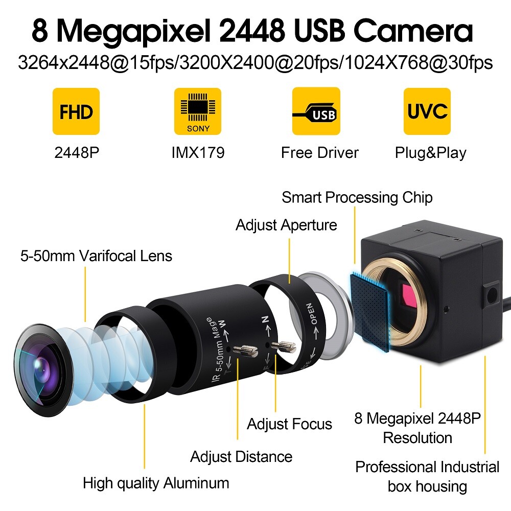8MP Webcamera support 3264X2448 Sony IMX179 USB Webcam w/ 5-50mm Varifocal Lens