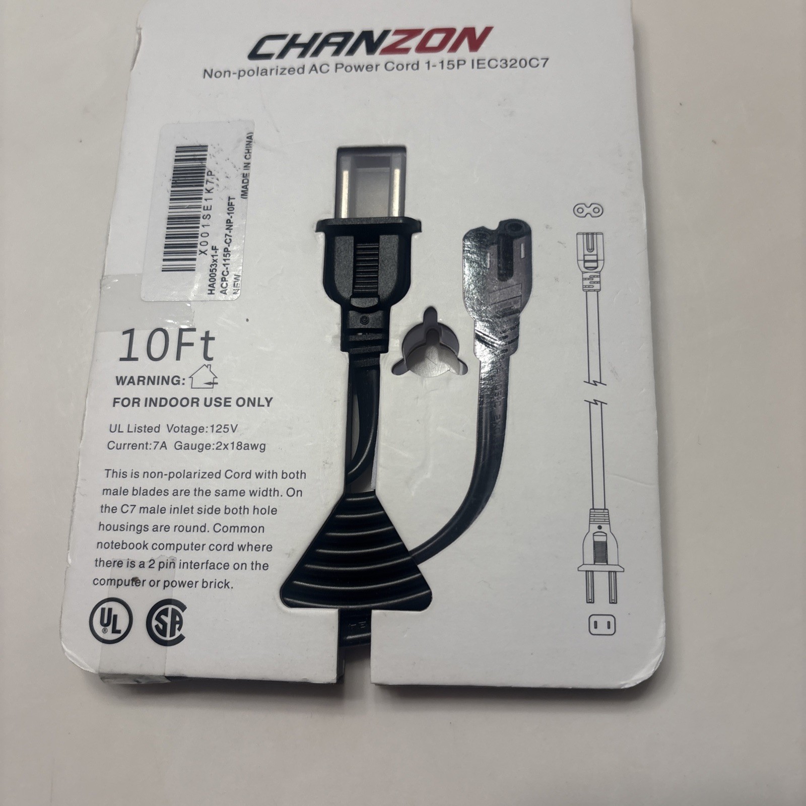 Chanzon Non-polarized AC Power Cord 1-15P IEC320C7 NEW 6 Feet 