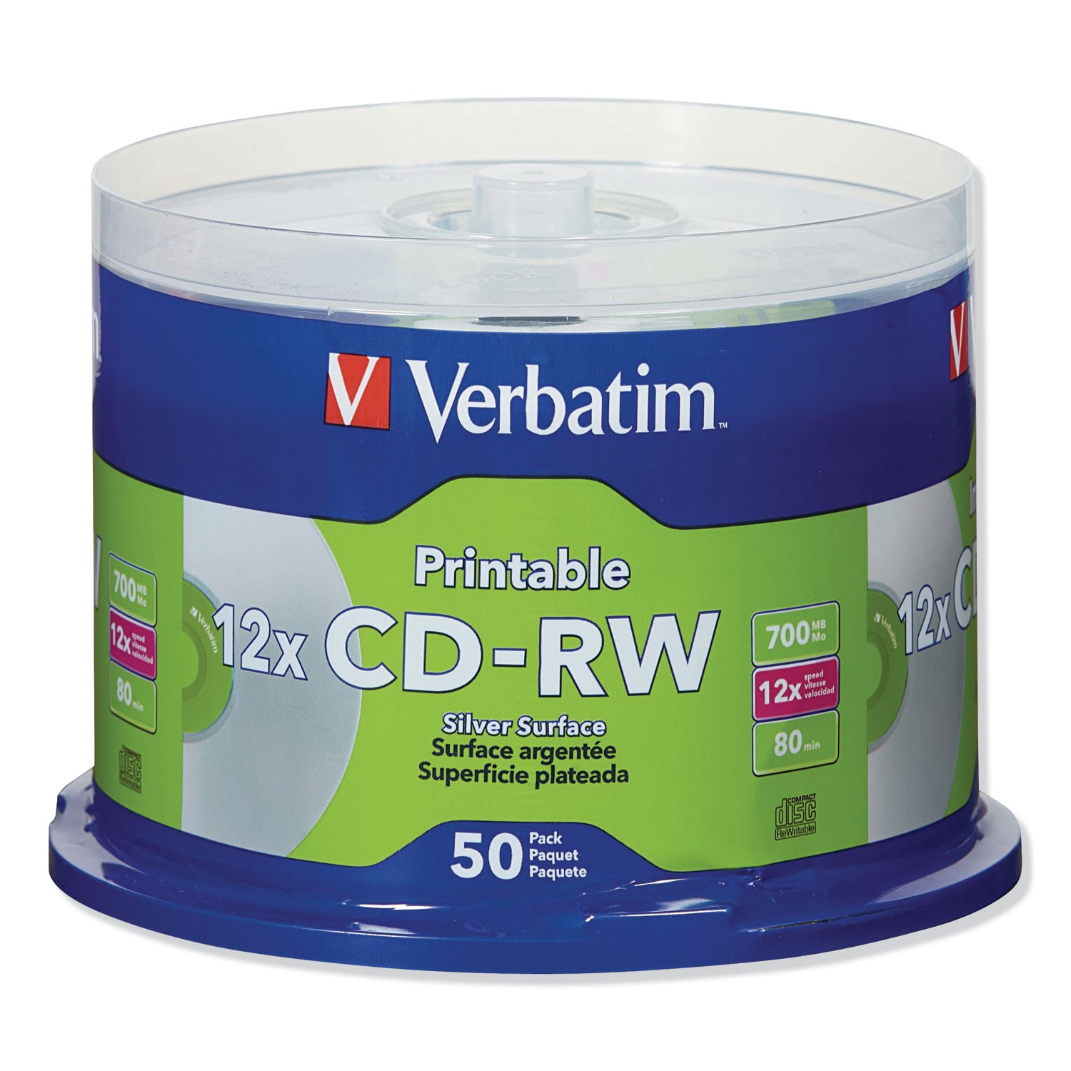 Verbatim® CD-RW Discs, Printable, 700MB/80min, 4x, Spindle, Silver, 50/Pack