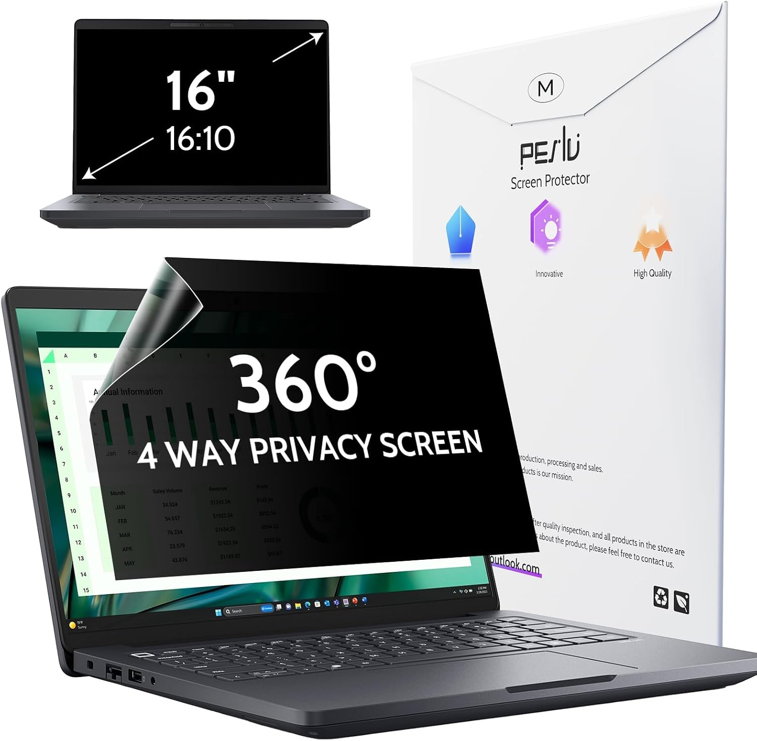360° 4 Way Laptop Privacy Screen for 16 Inch Computer Monitor, Anti Glare Filter