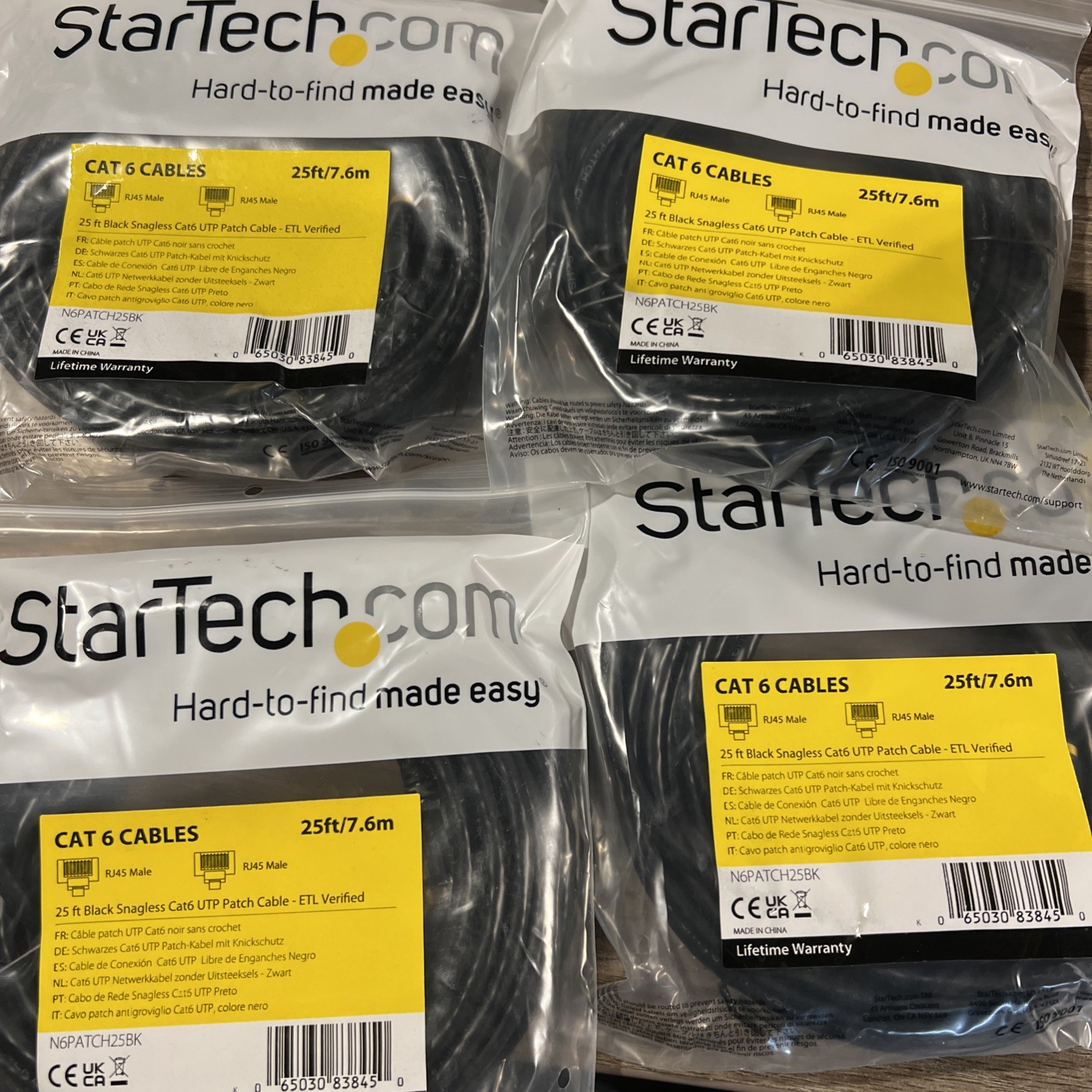 4 PACK Startech N6PATCH25BK 25FT BLACK CAT 6 CABLE