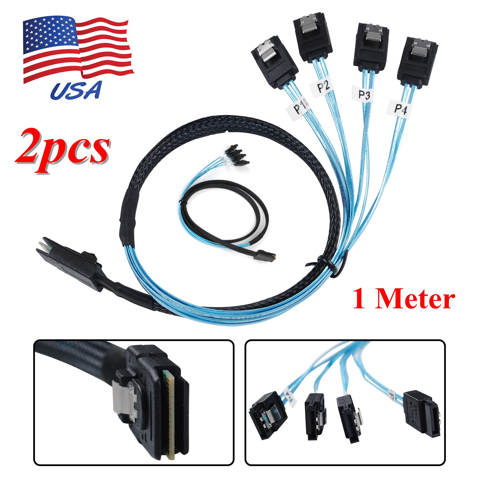 2PCS Reversed Cable Mini SAS 36 Pin SFF-8087 Male to 4 SATA 7Pin Female 100CM US