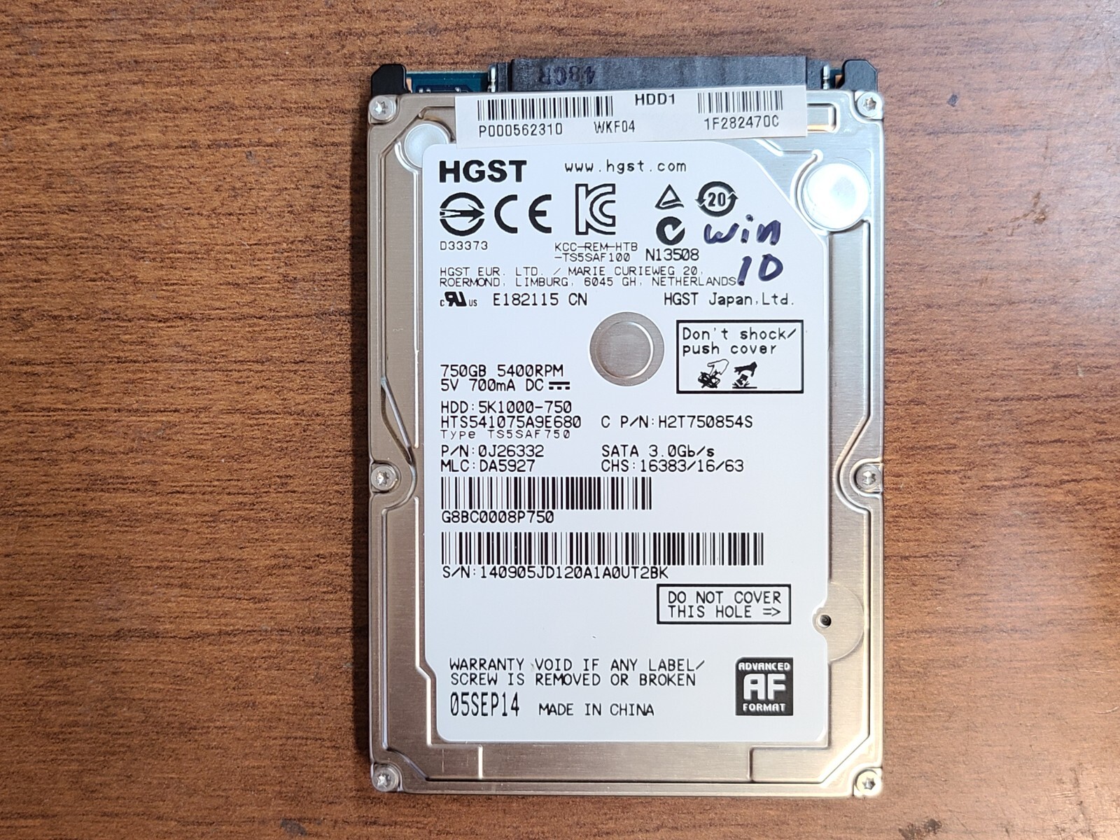 HGST HTS541075A9E680 WINDOWS 10 750GB 5400RPM HDD HARD DRIVE H2T750854S 0J26332