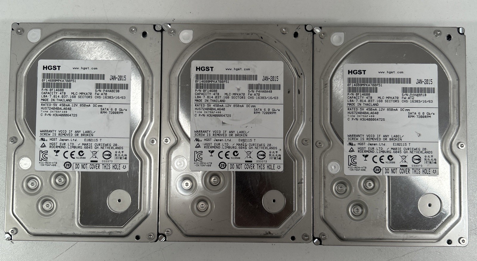 Lot of 3 HGST HUS724040ALA640 HDD 4TB SATA 6Gb/s 7.5K 3.5" GOOD HEALTH WIPED