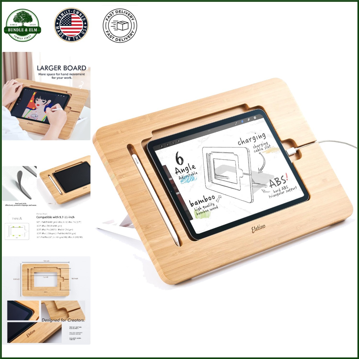 Bamboo Wooden Tablet Stand with Pencil Slot, Organizer for Drawing & Multimedia