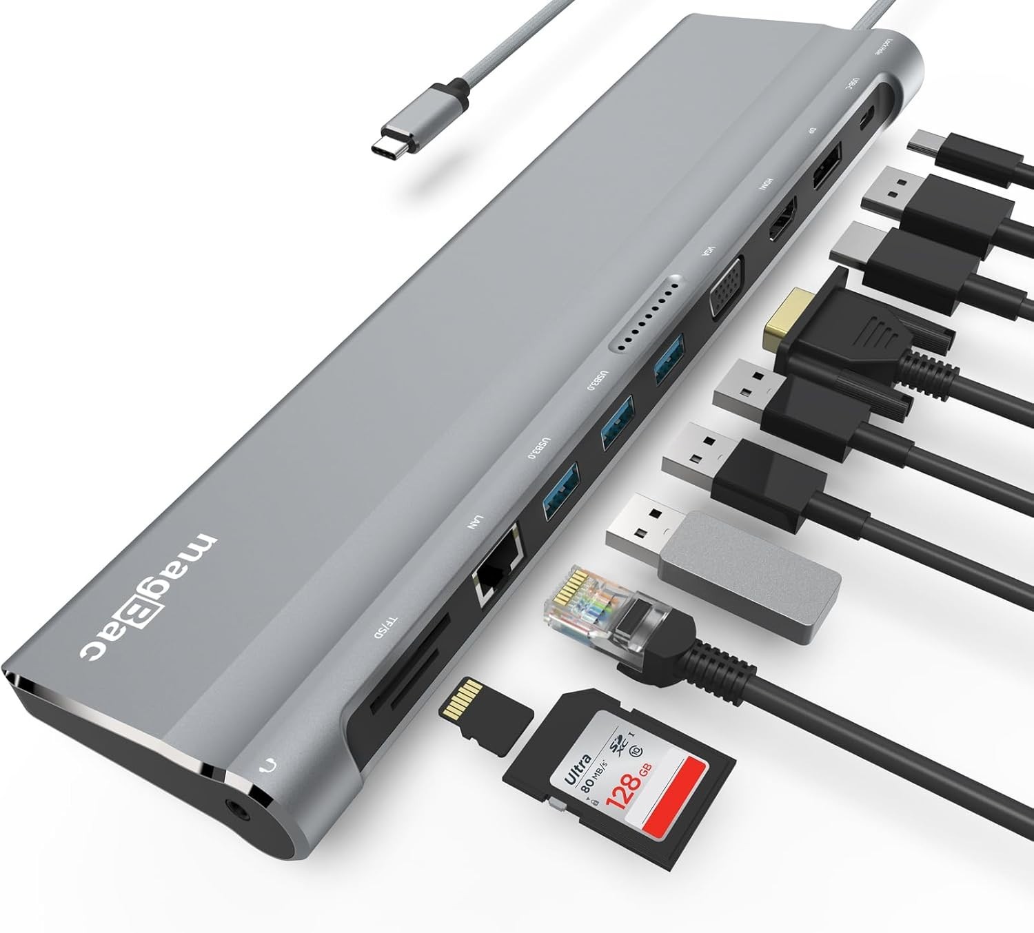 magBac 12‑in‑1 USB‑C Dock Dual/Triple Monitor 4K HDMI DP VGA 100W PD New