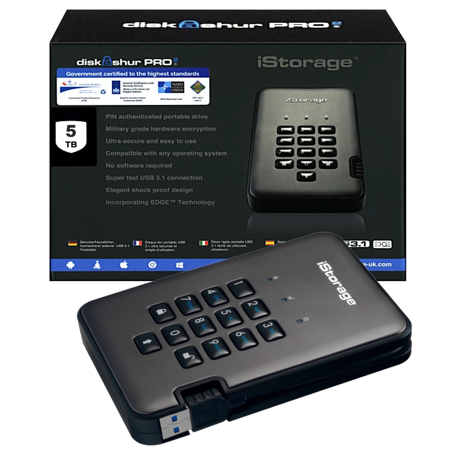 Istorage diskAshur PRO2  5TB Encrypted Portable HDD Fast USB 3.1 Max Protection