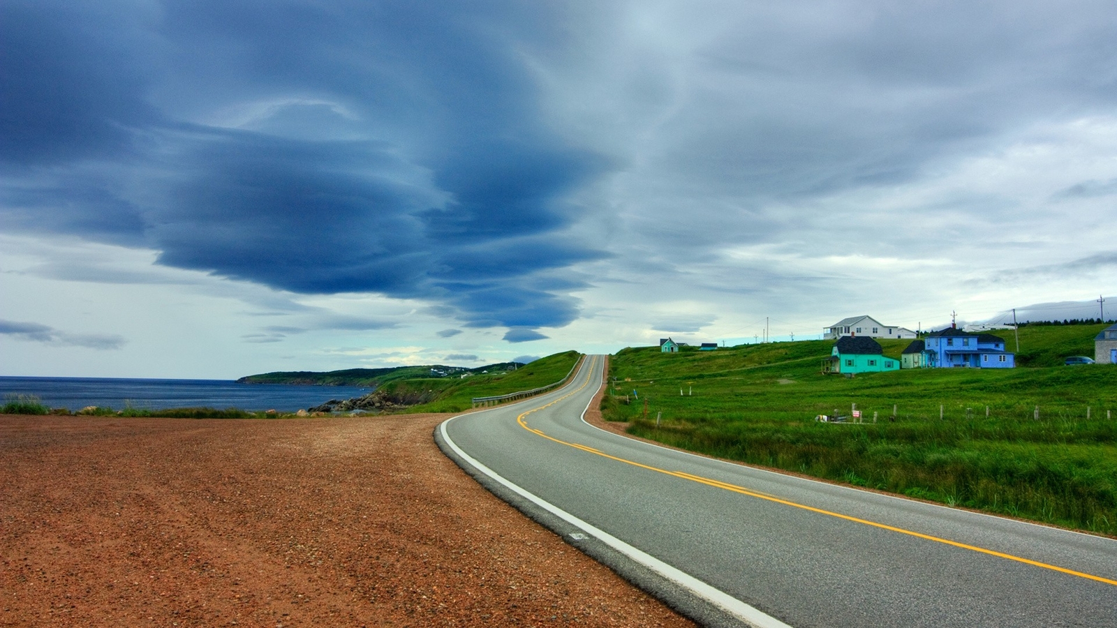 Landscape road green hills gravel clouds sea horizon Custom Gaming Mat Desk