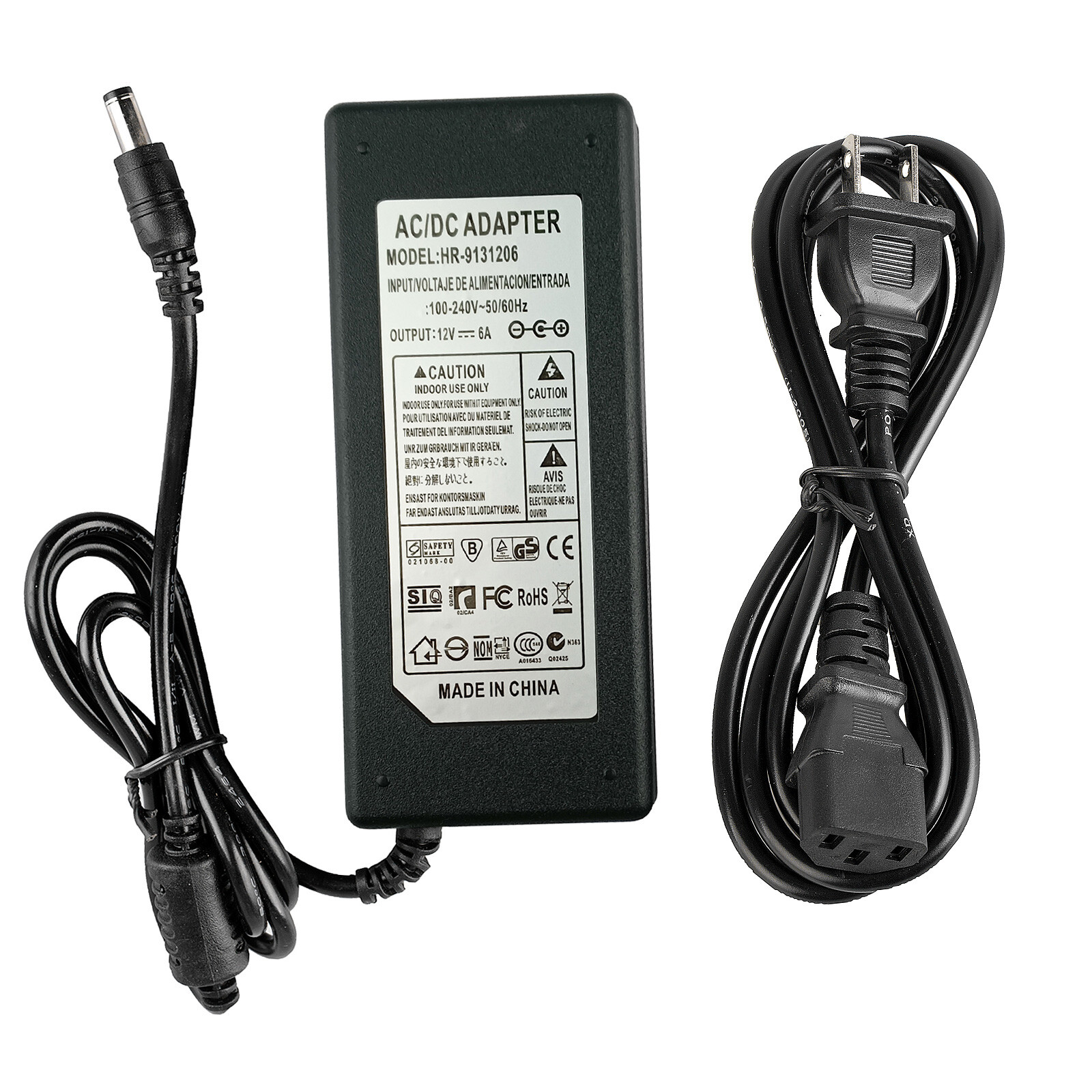 12V 6A DC Power Supply 5.5x2.1mm Jack USA Cable LCD Board Driver DVR Adapter 72W