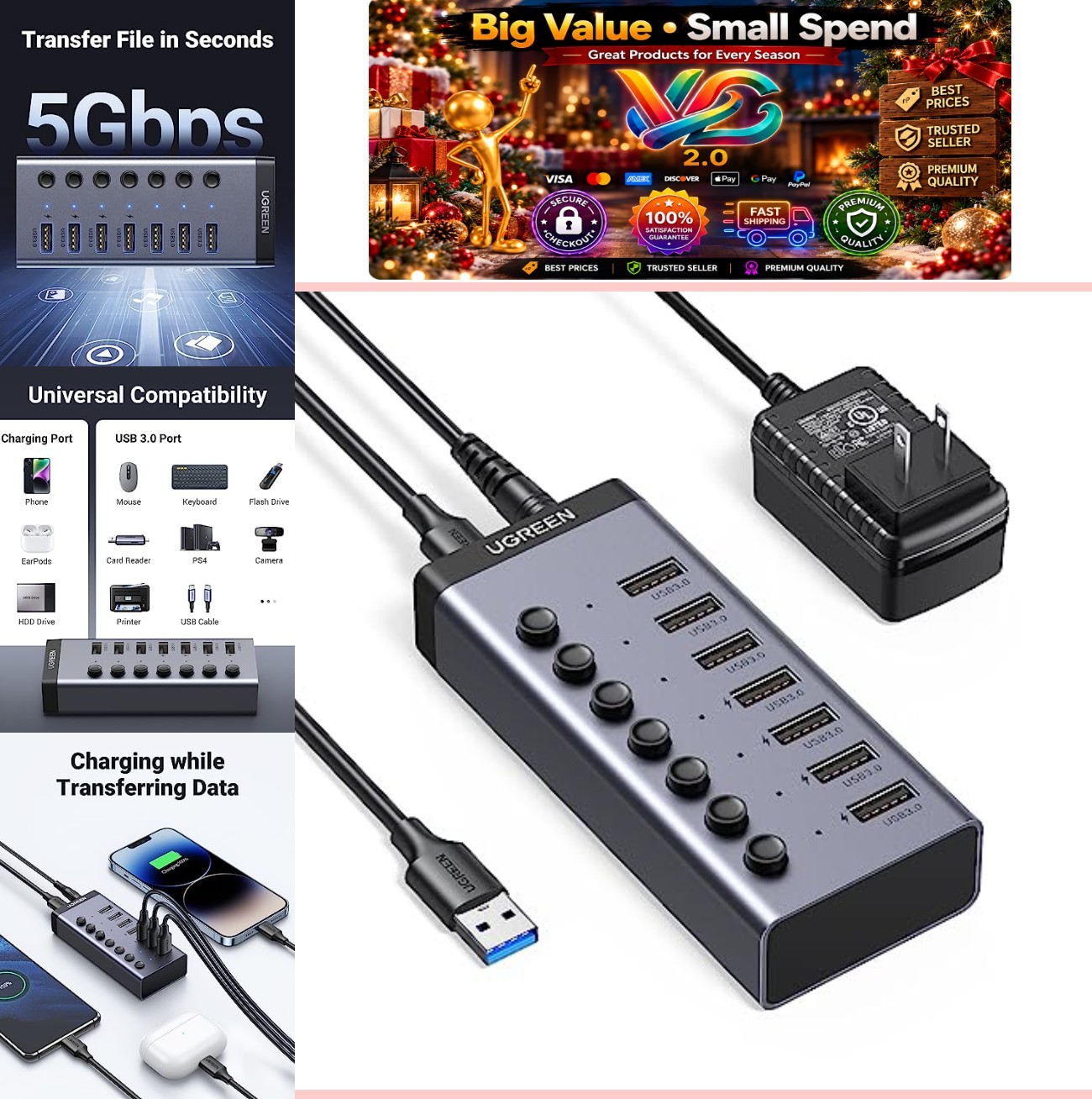 7 Port USB 3.0 Powered Hub with 4 Smart Charging Ports Individual Switches LED