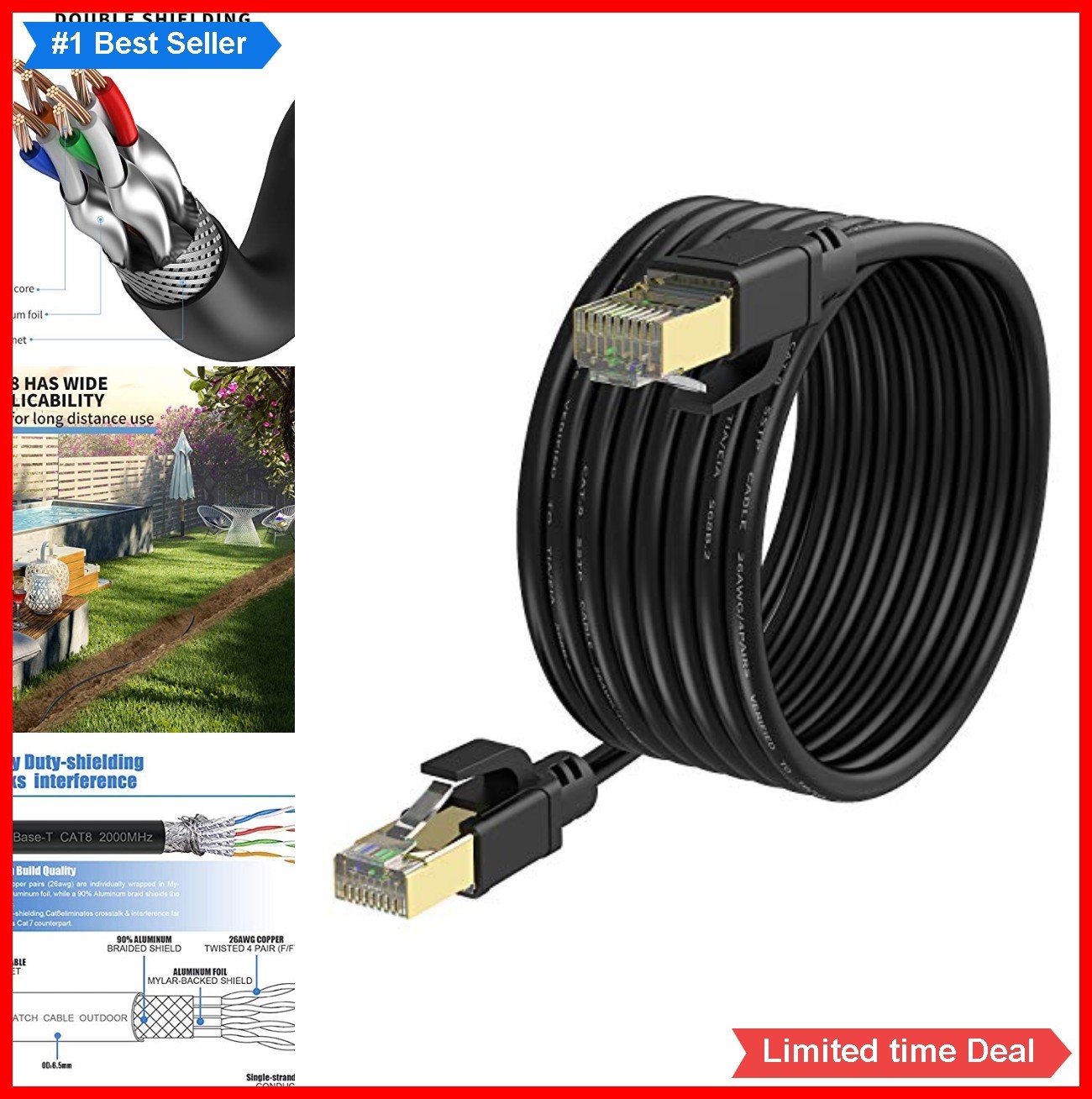 Cat 8 Ethernet Cable 300 Ft 40Gbps 2000MHz SSTP RJ45 Gold Plated Shielded