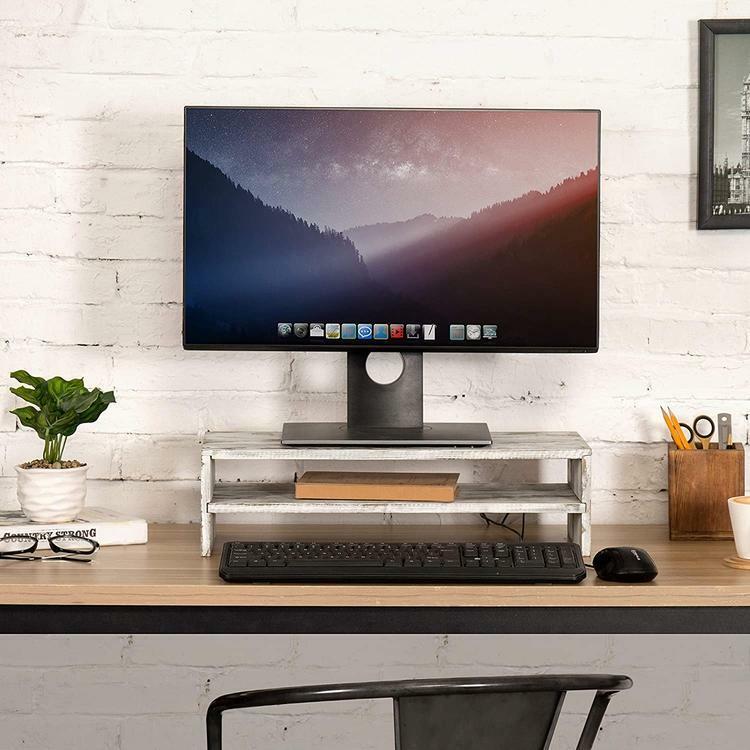 2-Tier Rustic Decorative Whitewashed Wood Computer Monitor Stand & Desktop Shelf