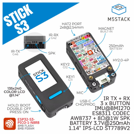 M5Stack M5StickS3 ESP32S3 Mini IoT Development Kit K150 Battery Included Board