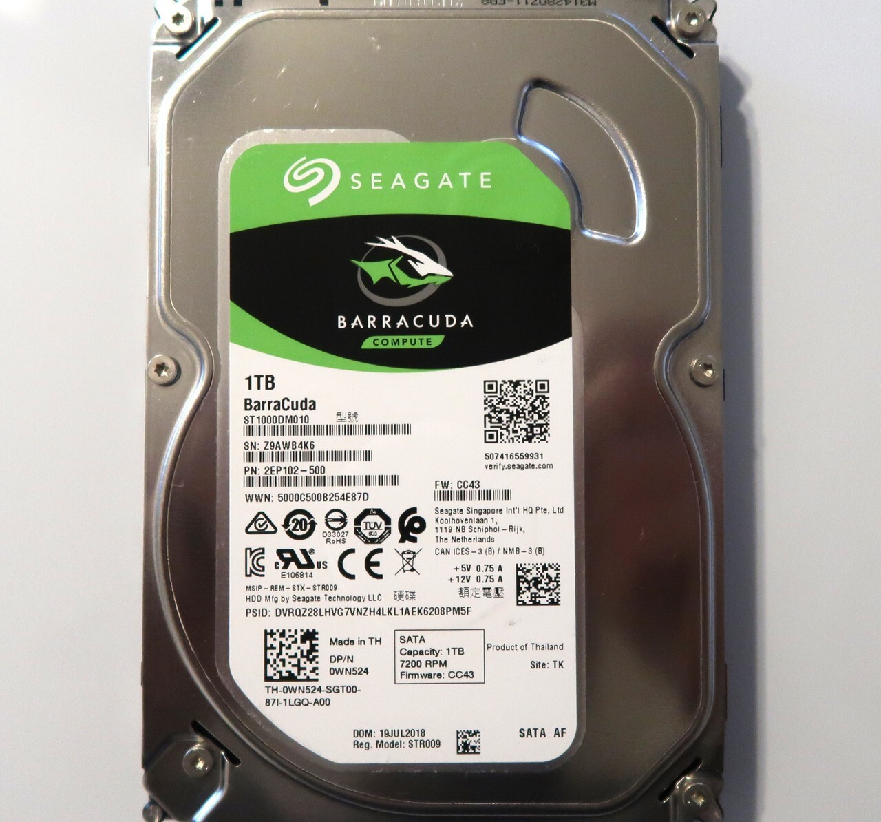 Seagate ST1000DM010 2EP102-500 CC43 (Z9AW) TK 1TB 3.5" Thailand Sata 19JUL2018