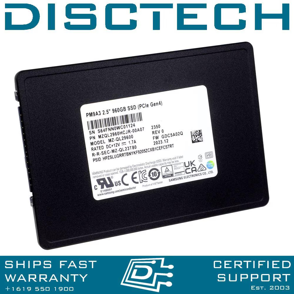 Samsung PM9A3 MZ-QL29600 MZQL2960HCJR-00A07 960GB PCIe 4.0x4 NVMe U.2 2.5" RI