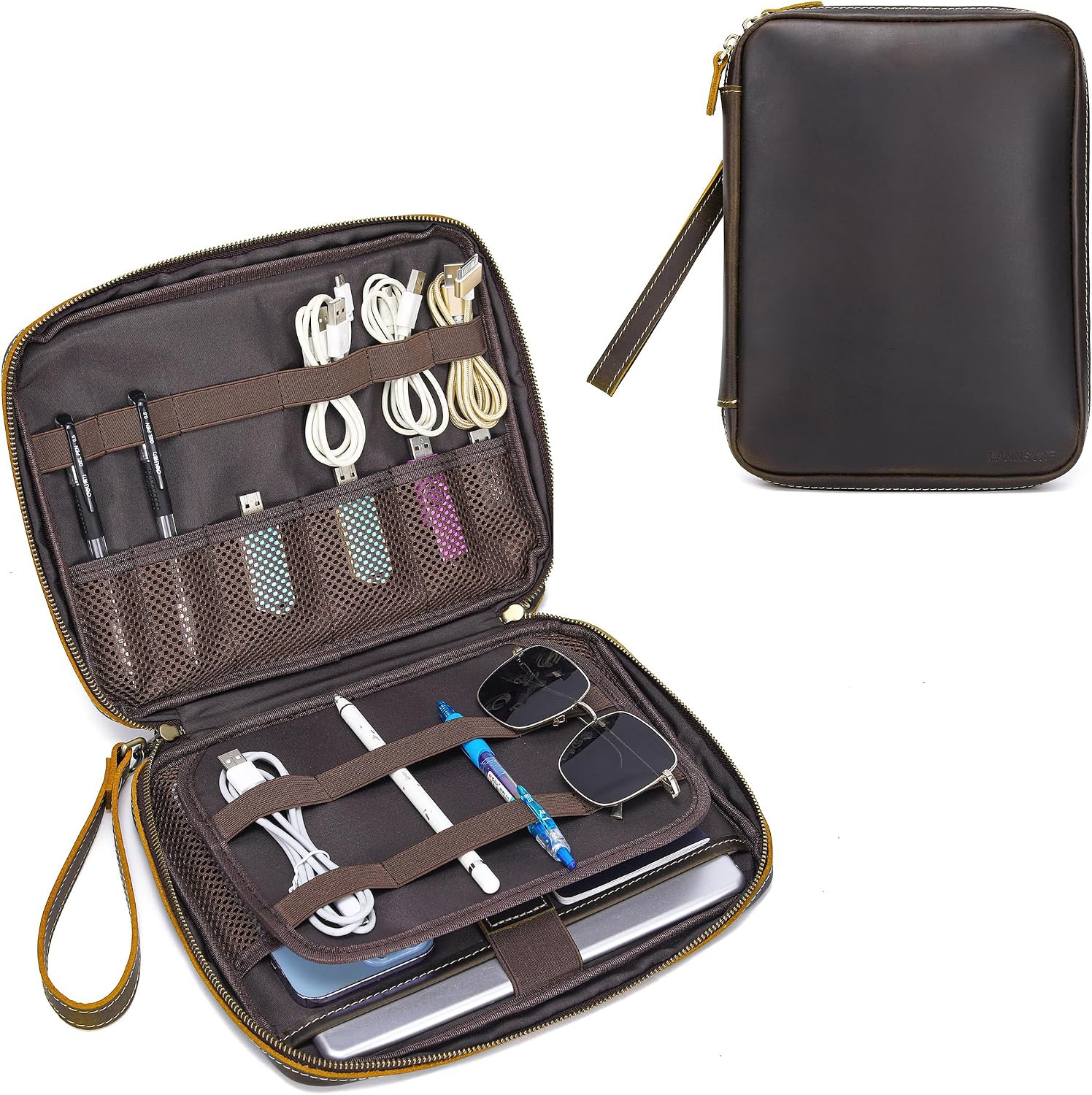 LANNSYNE Full Grain Leather Electronic Organizer Accessory Travel Tech Pouch, Ca