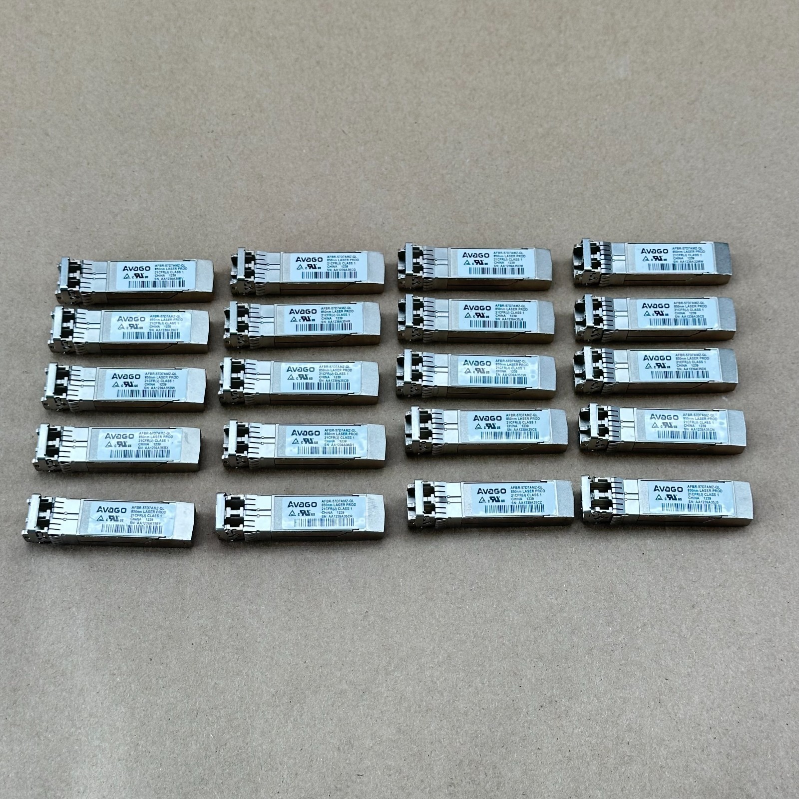 Lot of 20 Avago AFBR-57D7AMZ-QL 8Gb SFP+ 850nm MMF LC DOM Transceivers Used
