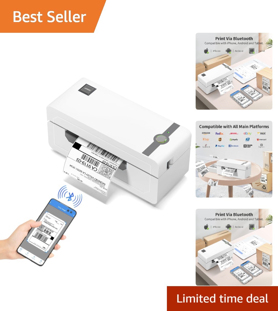 Compact Bluetooth Thermal Printer: 4x6 Monochrome Labels for Reliable Shipping