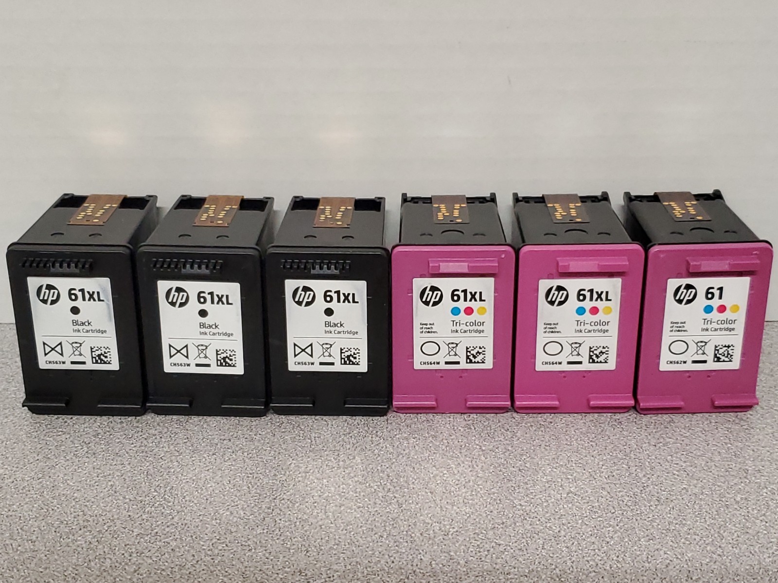 Lot of 6 VIRGIN EMPTY HP 61 &61XL Color & Black Ink Cartridges-3 Color&3 Black