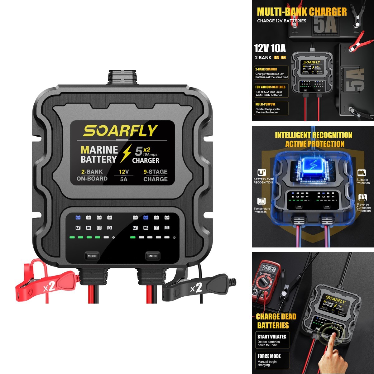SOARFLY 2 Bank Marine Battery Charger, 10A (5A/Bank) 12V Waterproof On BOAD