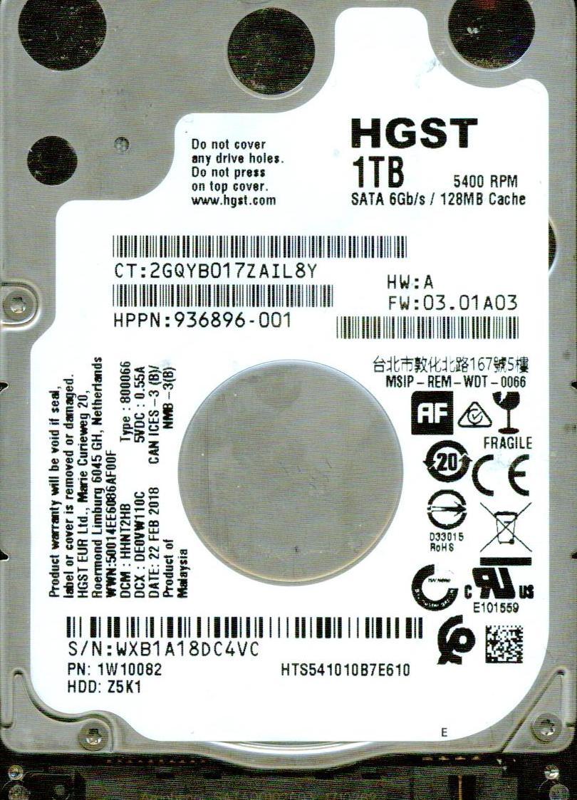 HTS541010B7E610  P/N: 1W10082  DCM: HHNT2HB  FW: 03.01A03 HGST SATA 1TB WXB1