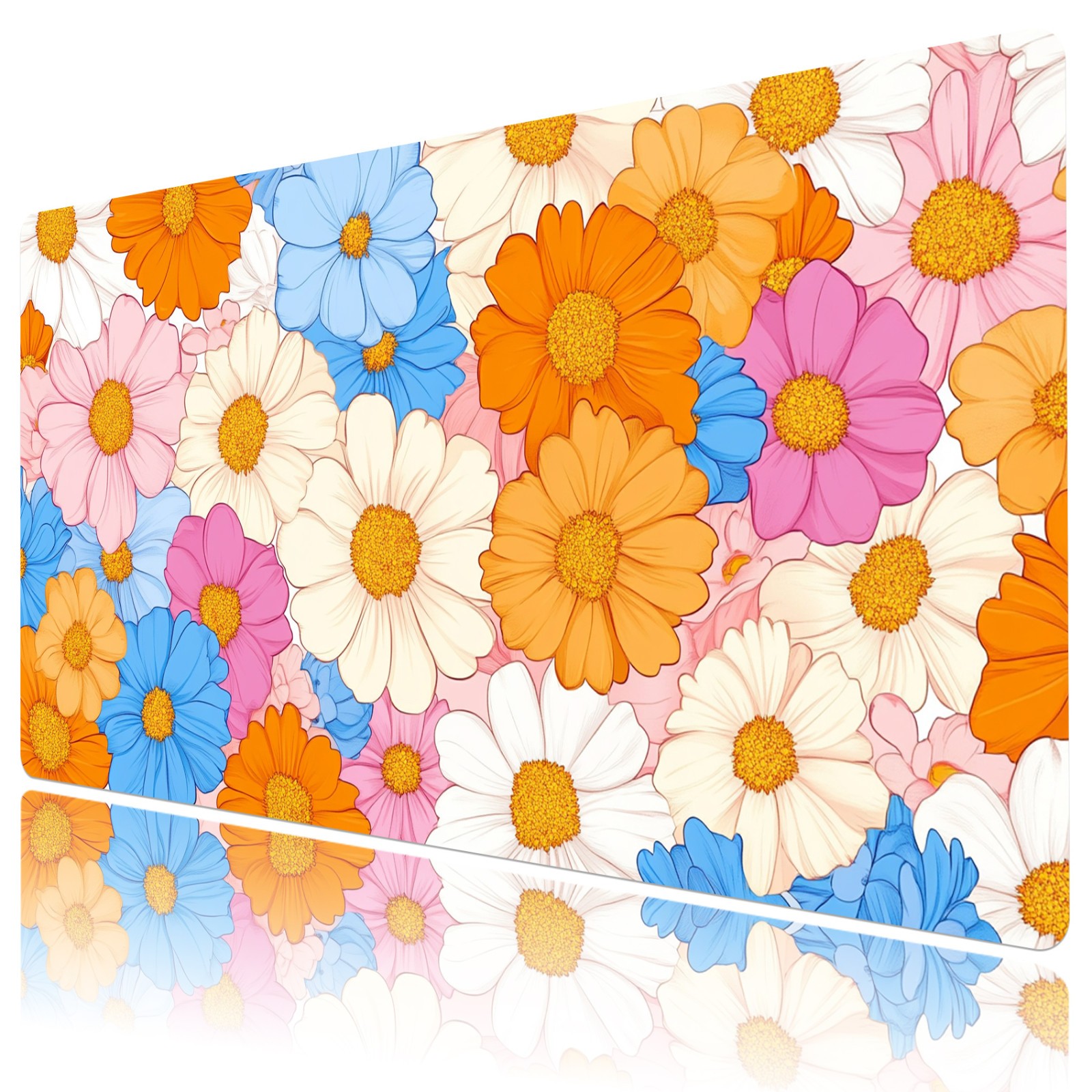 Pink Daisy Blue and Orange Floral Desk Pad for Keyboard Desk Mat 31.5x15.7 inch